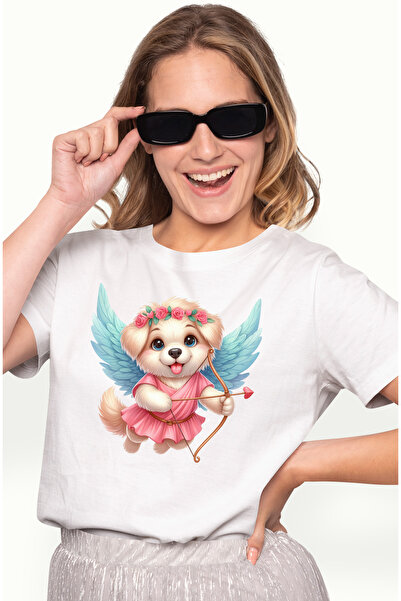 StoryGift Romania Tricou Femei cu o catelusa vesela Cupidon care trage cu arcul, ilustratie, aripi WHT_XL