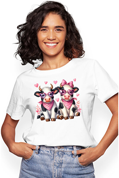 StoryGift Romania Tricou Femei cu 2 vacute cu ochelari in forma de inimioare,...