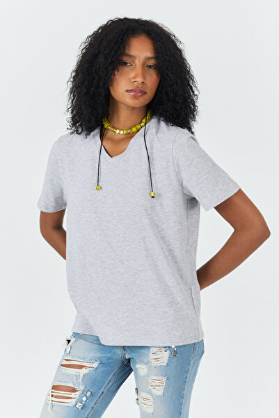 Soho Mood Women's V-Neck 100% Cotton Gray Basic T-Shirt