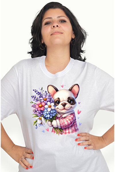StoryGift Romania Tricou Femei cu un catel fericit care tine un buchet cu flo...