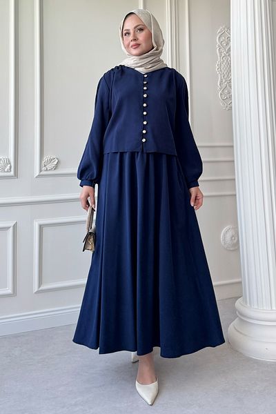 InStyle Dark Navy Blue Suit with Elastic Button Detail Skirt