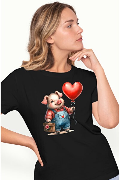StoryGift Romania Tricou Femei cu un porc, ilustratie, balon in forma de inim...