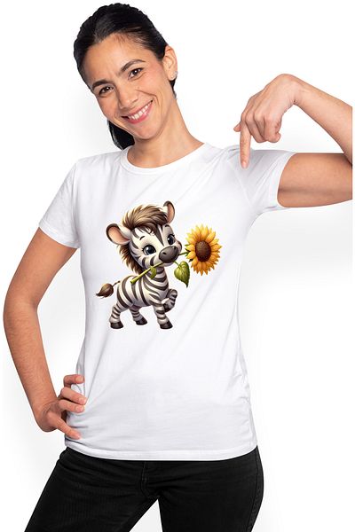 StoryGift Romania Women's T-shirt with a zebra holding a flower, sunflower, illustration, animal WHT_S