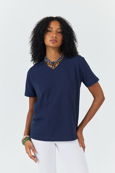Soho Mood Tricou de bază pentru femei, cu decolteu în V, 100% bumbac, albastru bleumarin