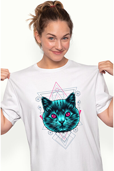 StoryGift Romania Tricou Femei Cu Pisica, Geometrie, Arta Abstracta, Multicol...