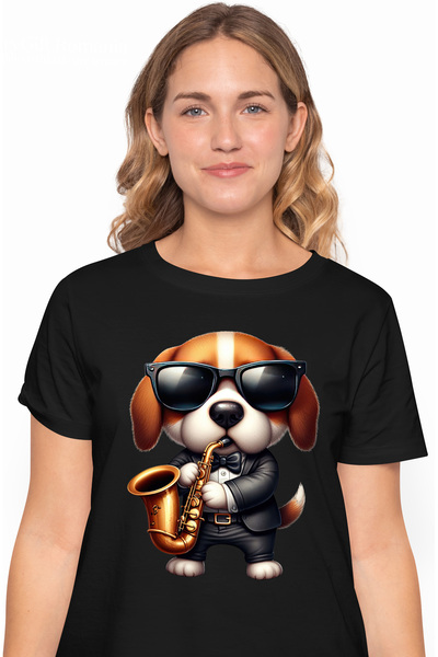 StoryGift Romania Tricou Femei cu un catel care canta la saxofon, ilustratie,...