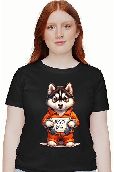 StoryGift Romania Tricou Femei cu un caine Husky la puscarie, incatusat, uniforma de detinut, seri BLK_S