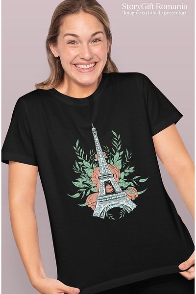 StoryGift Romania Tricou Femei Cu Turnul Eiffel, Trandafiri Rosii In Spate, Paris, Cadou Pentru Iu BLK_L
