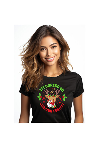 StoryGift Romania Tricou Femei cu Ren Cu Coarne Lungi Impodobite, Craciun, Gl...