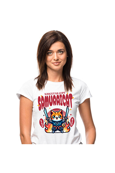 StoryGift Romania Tricou Femei cu Pisica Portocalie Cu Costum Samurai Sabii N...