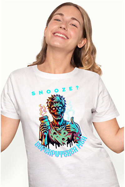 StoryGift Romania Tricou Femei zombie cu cafea snoose superputerea mea cu imprimeu pe Fata, 100% B WHT_XS