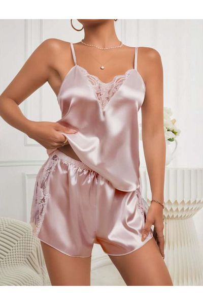 Bleu Petite Set de pijamale din țesătură satinată cu pantaloni scurți din dantelă – stil elegant și confortabil de somn