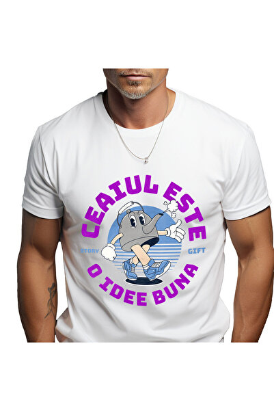 StoryGift Romania Tricou Barbati cu Ceainic Vesel Mergand Cu Adidasi Albastri, Ceai, Apa Aromata, ,White_S