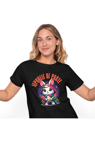 StoryGift Romania Tricou Femei cu Iepure Alb Cu Pelerina Multicolor Si Papion Ou Colorat Sarbatori,Black_M