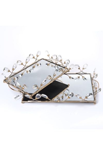 Hinora Drop Crystal Stone Mirrored Double Rectangular Stylish Tray Set 42*28-35cm