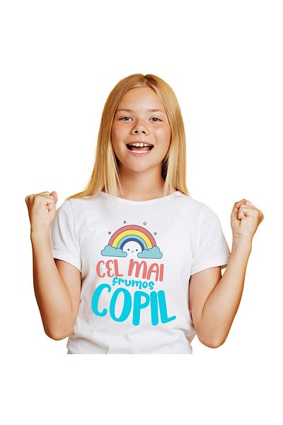 StoryGift Romania Tricou Copii cu Curcubeu Colorat Vesel, Nori Si Stele, Copii, Familie, Desene An,White_4ANI