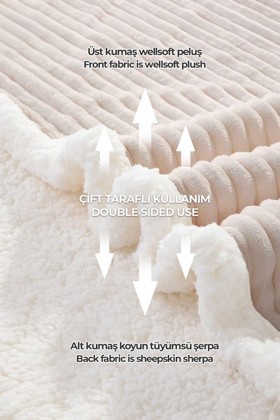 Evlen Home Collection Sherpa Battaniye Çift Kişilik Çizgili Yumuşak Peluş Wellsoft Yatak Örtüsü Krem