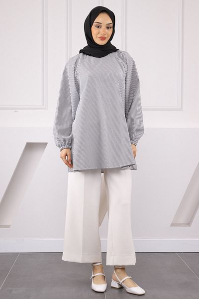 İmajButik Smoked Balloon Sleeve Striped Tunic