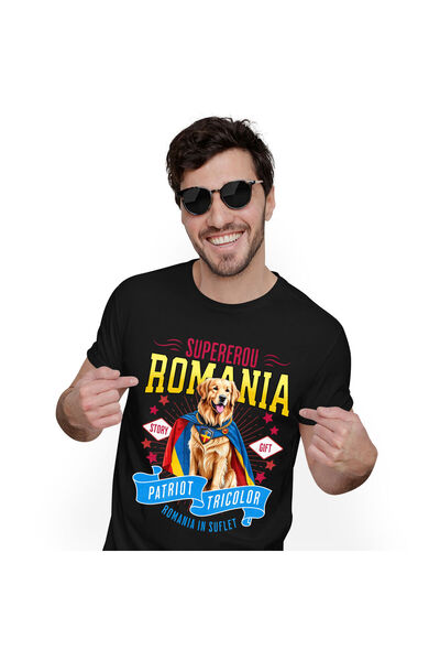 StoryGift Romania Tricou Barbati cu Golden Retriever Caine In Costum de Capit...