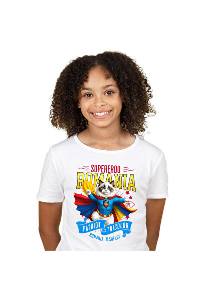 StoryGift Romania Children's T-shirt with Ragdoll Cat in Captain Romania Costume with Cape, Hero No, White_10ANI