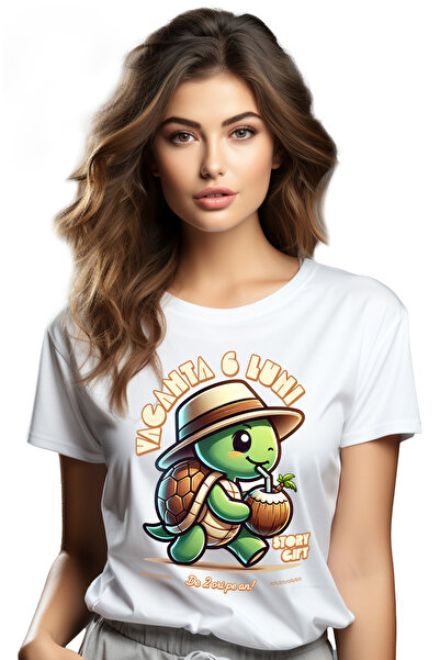 StoryGift Romania Tricou Femei Testoasa gata de vacanta de 6 luni de doua ori...