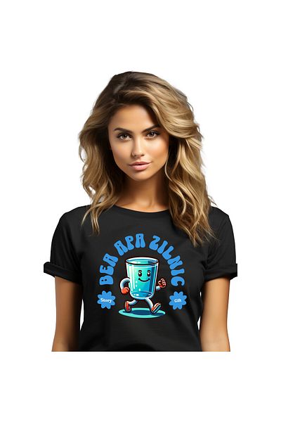 StoryGift Romania Tricou Femei cu Pahar De apa In Mers Zambitor Gata De Aventura Hidratare, Apa Cu,Black_S