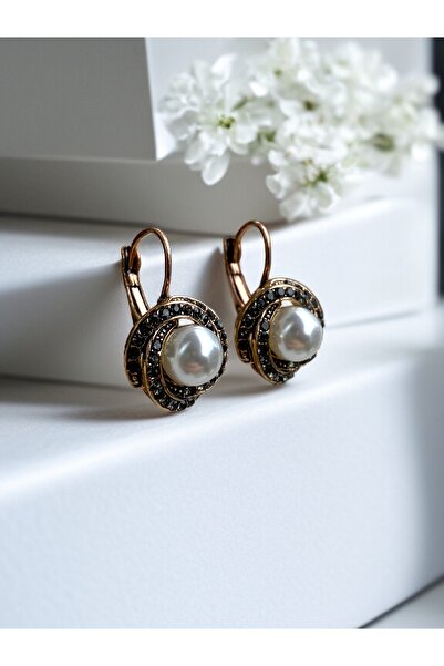 FAYRA ACCESSORIES Black Diamond i Taşlı Inci Sallantılı Küpe