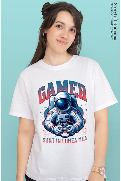 StoryGift Romania Women's T-Shirt with Man in Space Astronaut Costume, Gamer Video Game Controller with ,White_L