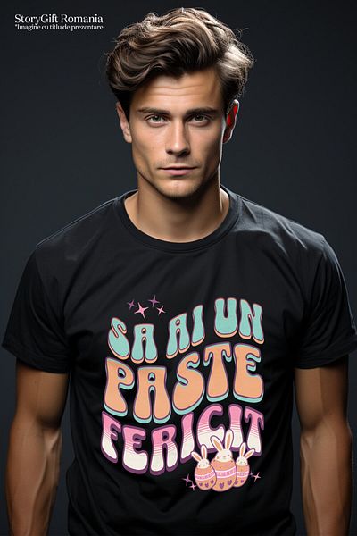 StoryGift Romania Tricou Barbati cu Oua Colorate Cu Iepuri Albi, design Multicolor, Paste, Sarbato,Black_S