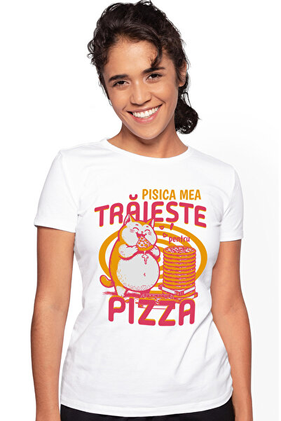 StoryGift Romania Tricou Femei Pisica mancand pizza text pisica traieste pizza cu imprimeu pe Fata WHT_L