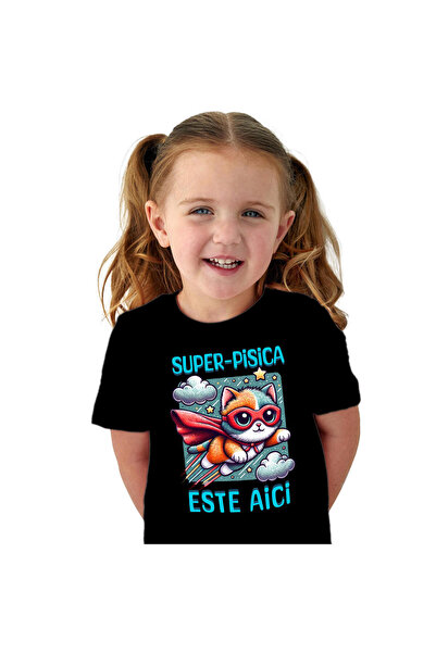 StoryGift Romania Tricou Copii cu Pisica In Aer Cu Pelerina si Masca De Super-Erou, Desene Animate,Black_4ANI