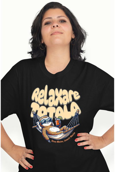 StoryGift Romania Tricou Femei Relaxare totalA lenes cu bautura in mana in hamac cu imprimeu pe Fa BLK_S