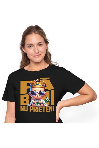 StoryGift Romania Tricou Femei cu Bebelus cu Teanc Bancnote bani, coroana si haina de blana, Milio,Black_S