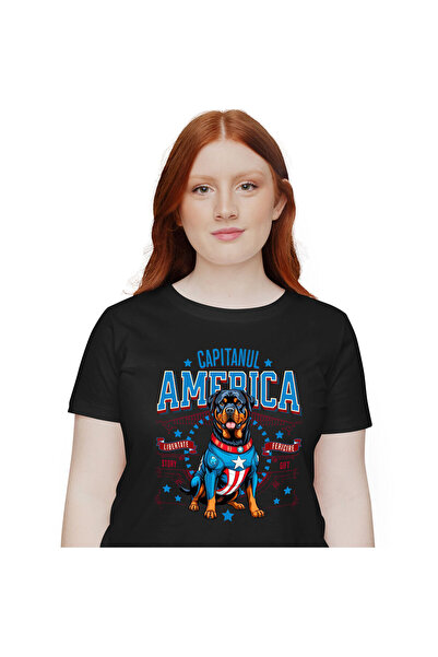 StoryGift Romania Tricou Femei cu Rottweiler Caine In Costum de Capitan Ameri...