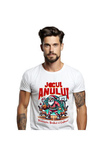StoryGift Romania Tricou Barbati cu Mos Craciun Pe Terenul De baschet Cu reni,Cadouri, Familie, Ha,White_L