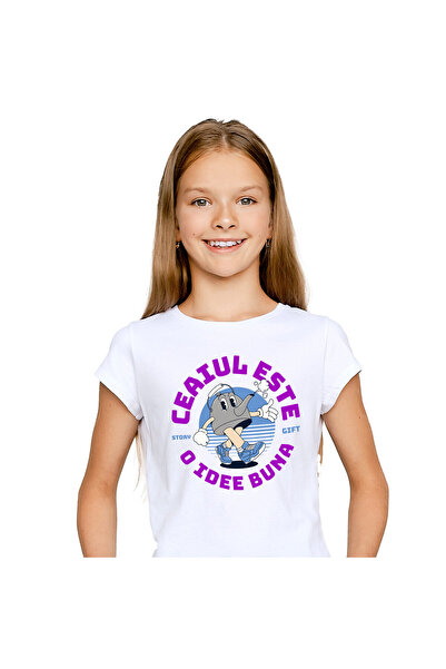 StoryGift Romania Tricou Copii cu Ceainic Vesel Mergand Cu Adidasi Albastri, Ceai, Apa Aromata, Su,White_4ANI