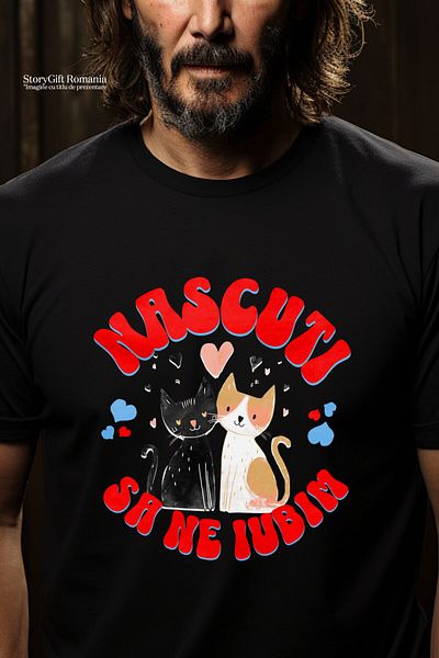 StoryGift Romania Men's T-Shirt with Black and Orange Cats Couple, Happiness, Love, Valentine, Black_S