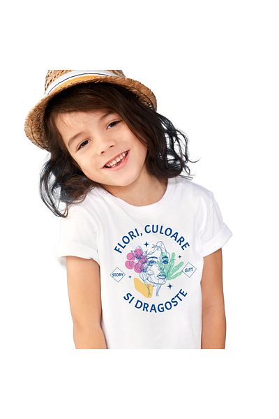 StoryGift Romania Tricou Copii cu Chip Feminin Flori Colorate, Dragoste Fata De Natura cu imprimeu,White_6ANI