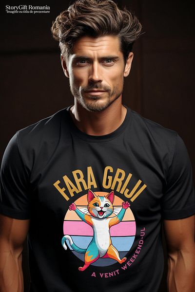 StoryGift Romania Tricou Barbati cu Pisica Colorata Vesela Iubitorii De Motani, Animal Blanos cu i,Black_XS