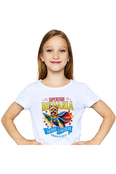 StoryGift Romania Tricou Copii cu Yorkshire Terrier Caine In Costum de Capitan Romania cu Pelerina,White_12ANI