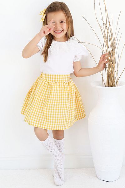 Parla Kids Girl Daisy Crew Neck Lace Detailed Ecru Short Sleeve Blouse Plaid Skirt Buckle 3-Piece Set