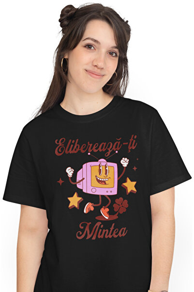StoryGift Romania Tricou Femei televizor fericit text elibereaza-ti mintea ch...