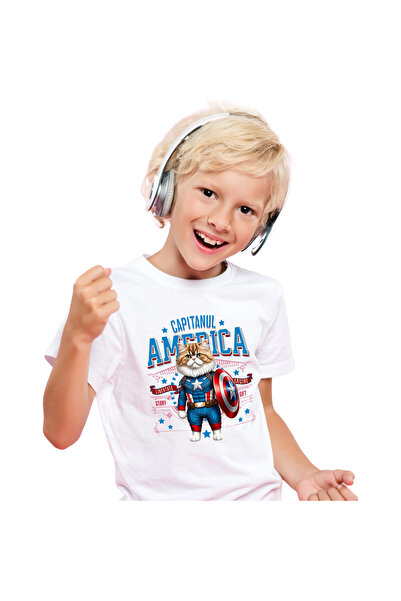 StoryGift Romania Children's T-shirt with Persian Cat in Captain America Costume with Cape, White_6 YEARS