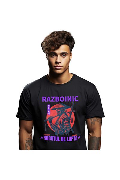 StoryGift Romania Tricou Barbati cu Portret Profil Razboi Robot Cu Palarie Stil Samurai Ninja cu i,Black_M