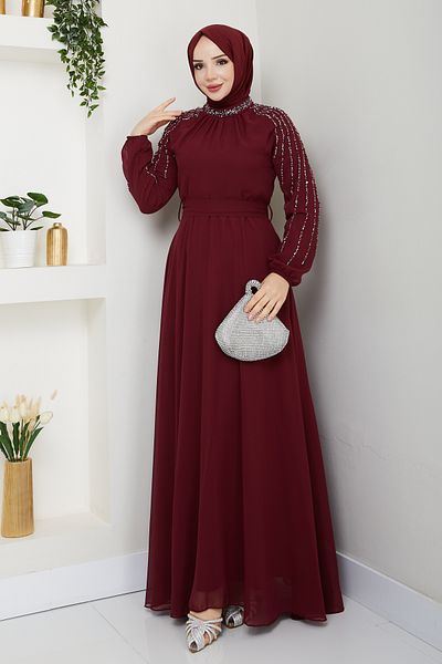 Pamuk Butik Γυναικείο φόρεμα σιφόν με πέτρινη επένδυση