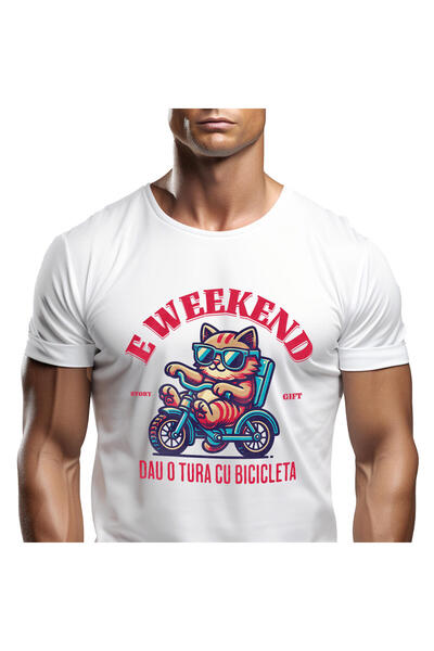 StoryGift Romania Tricou Barbati cu Motan Cu Ochelari De Soare Pe Tricicleta ...