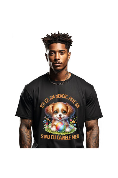 StoryGift Romania Tricou Barbati cu Caine Pui Vesel Pufos Pe Iarba Cu Minge C...