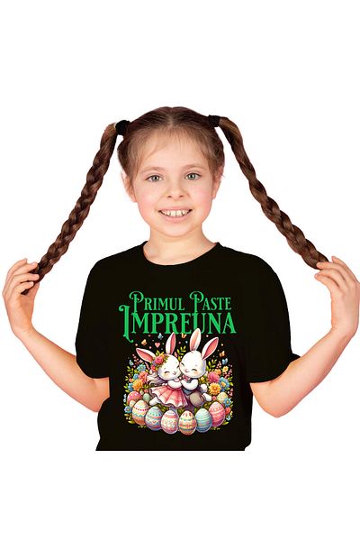 StoryGift Romania Tricou Copii cu Cuplu Fericit Iepuri Indragostiti Oua Colorate Paste, Flori Mult,Black_4ANI