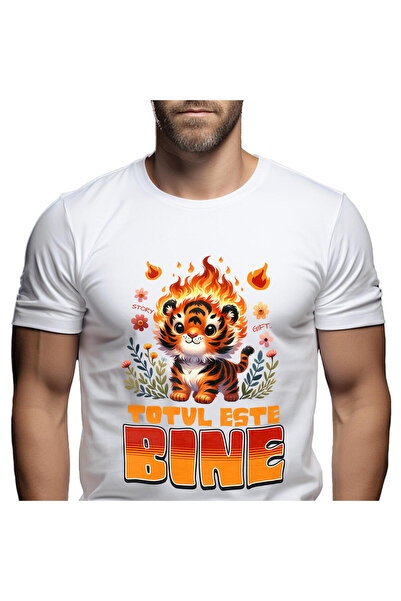 StoryGift Romania Tricou Barbati cu Tigru Pui Animat In Flacari In Natura Flo...