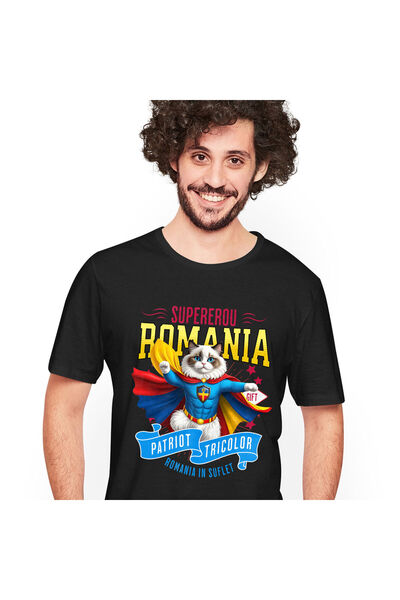 StoryGift Romania Men's Ragdoll Cat T-Shirt in Captain Romania Costume with Cape, Hero, Black_XS